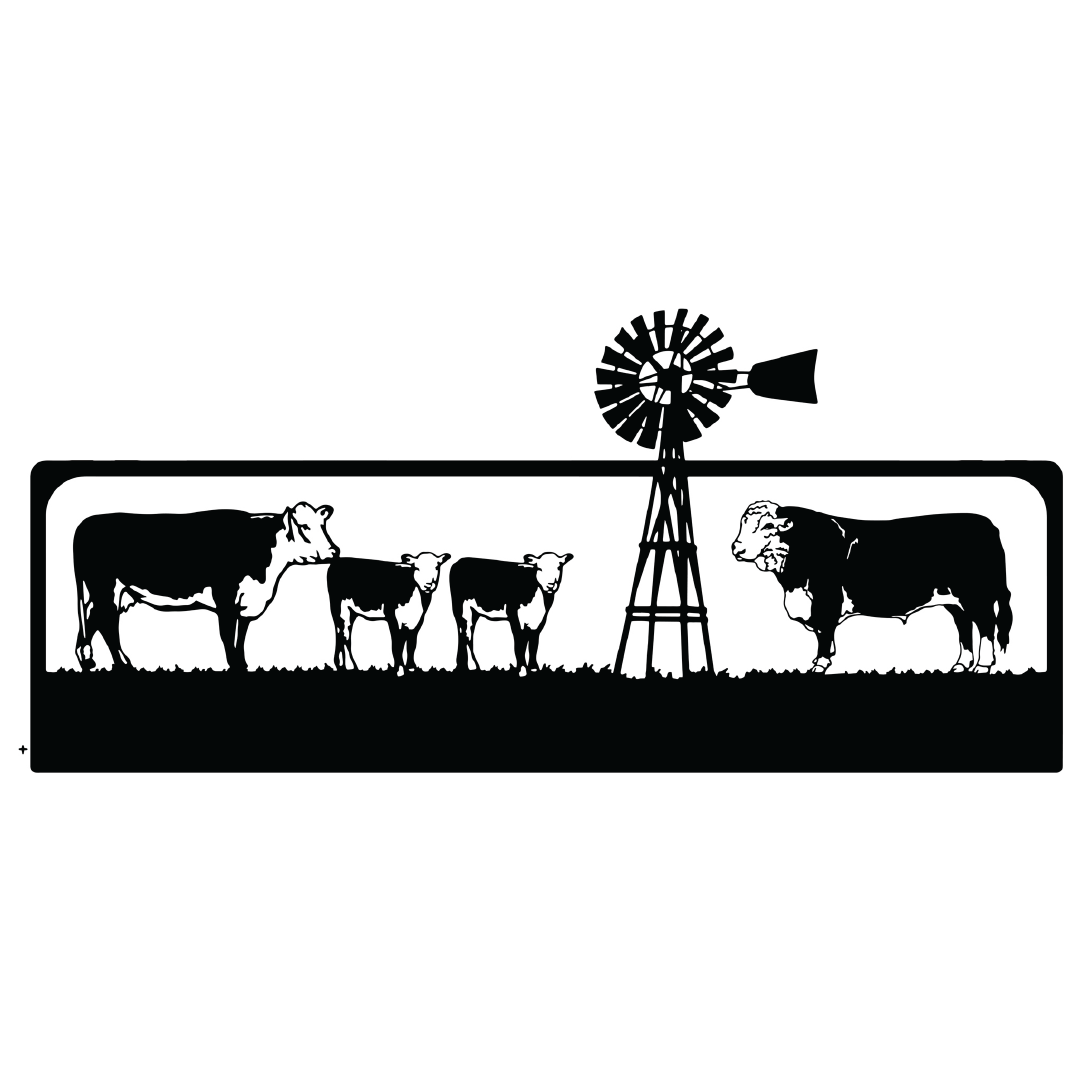 Bull, Cow, Calves with windmill Farm Sign