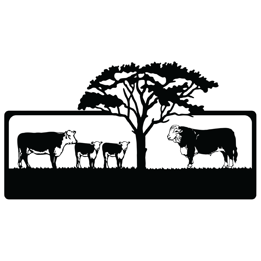 Bull, Cow, Calves with Tree Farm Sign