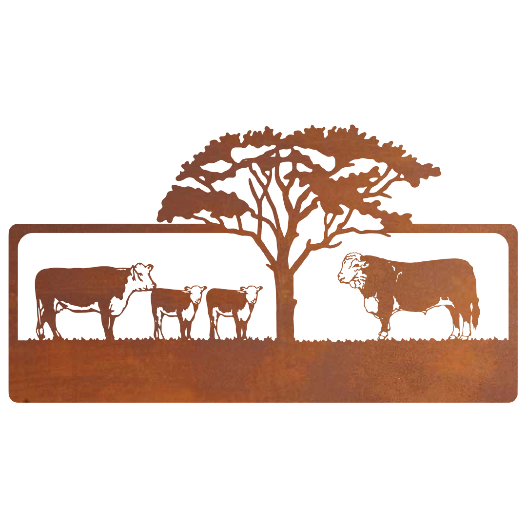 Bull, Cow, Calves with Tree Farm Sign