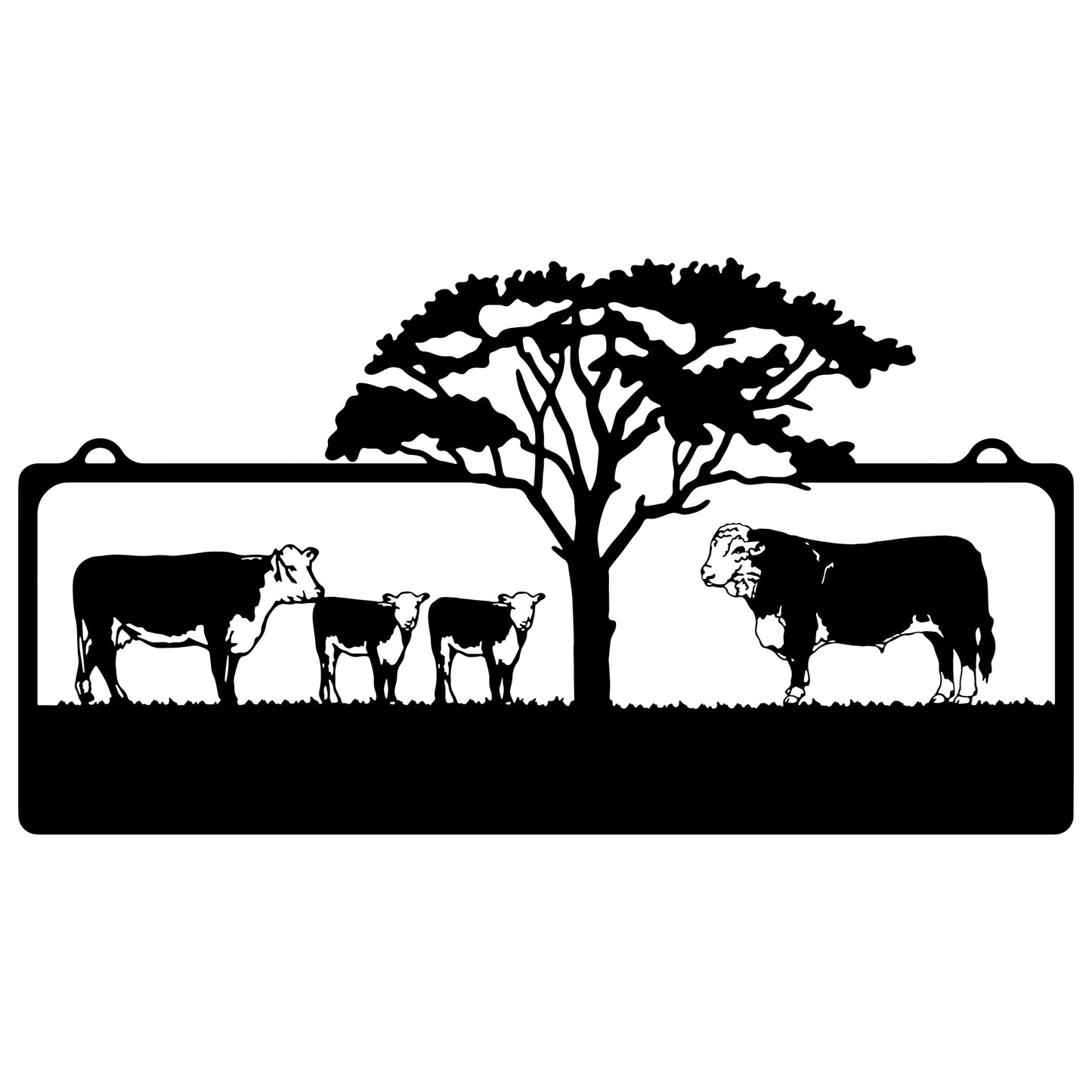 Bull, Cow, Calves with Tree Farm Sign